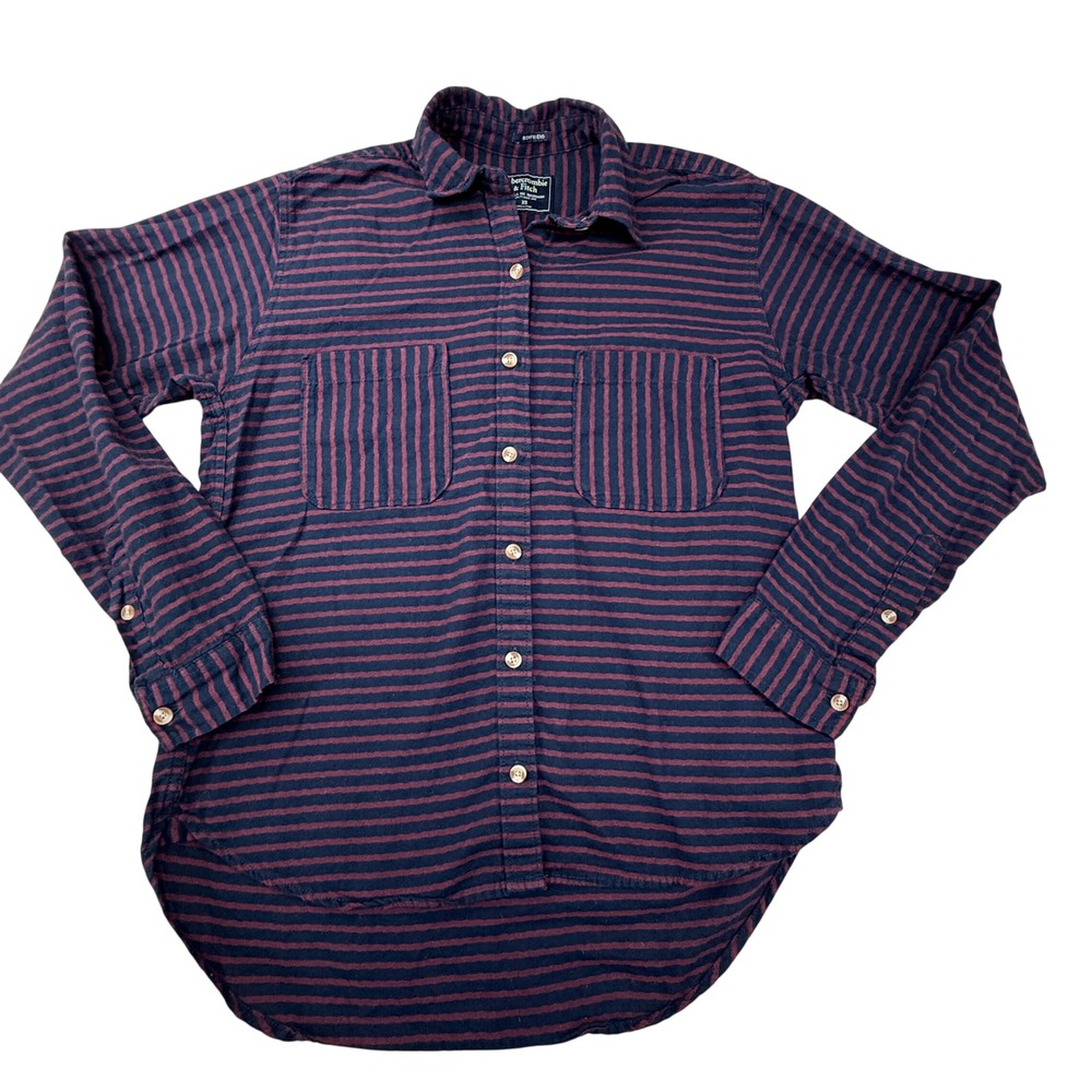 Abercrombie & Fitch Button Down Women XS Navy Burgundy Striped Boyfriend Flannel